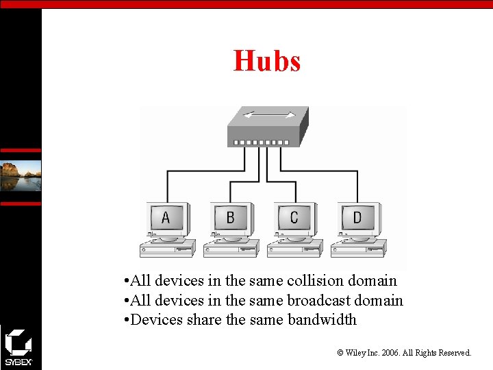 Hubs • All devices in the same collision domain • All devices in the