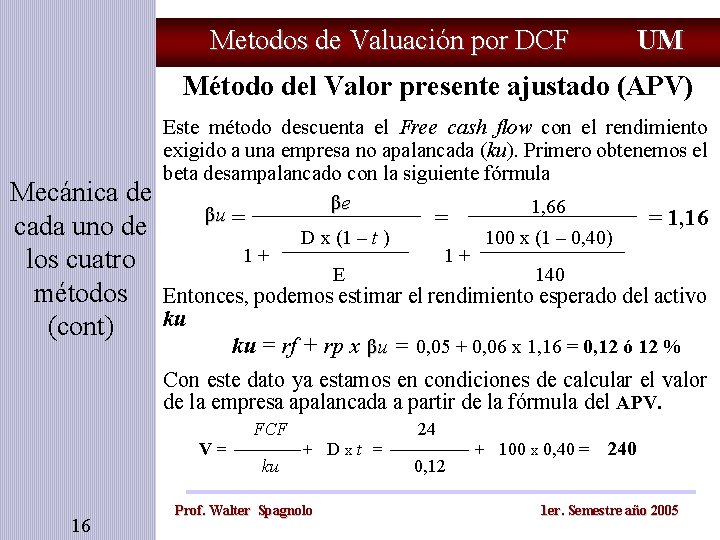 Metodos de Valuación por DCF UM Método del Valor presente ajustado (APV) Mecánica de