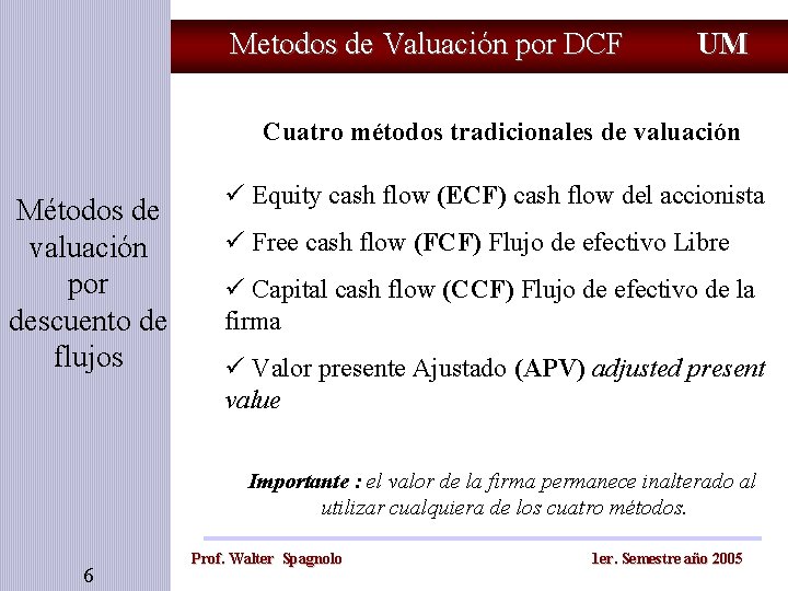 Metodos de Valuación por DCF UM Cuatro métodos tradicionales de valuación Métodos de valuación
