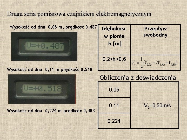 Druga seria pomiarowa czujnikiem elektromagnetycznym Wysokość od dna 0, 05 m, prędkość 0, 487