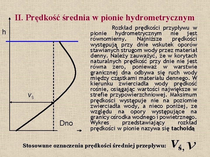 II. Prędkość średnia w pionie hydrometrycznym h vś Dno Rozkład prędkości przypływu w pionie