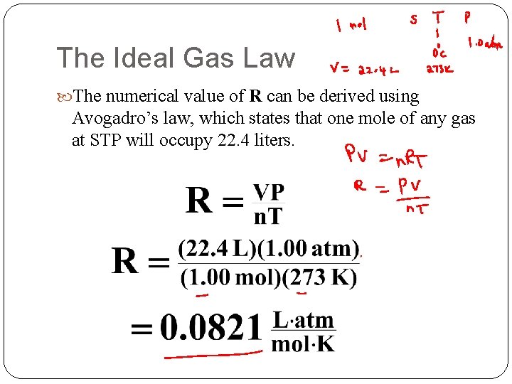 The Ideal Gas Law The numerical value of R can be derived using Avogadro’s