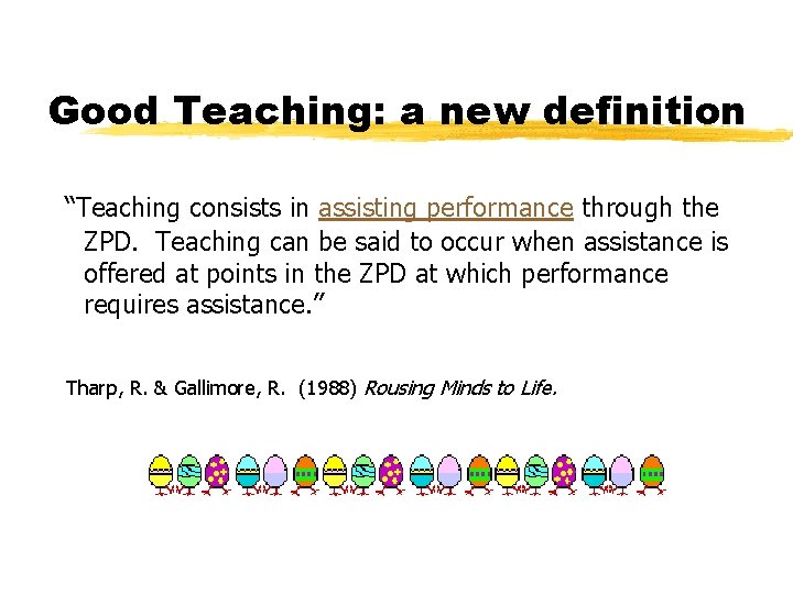 Good Teaching: a new definition “Teaching consists in assisting performance through the ZPD. Teaching