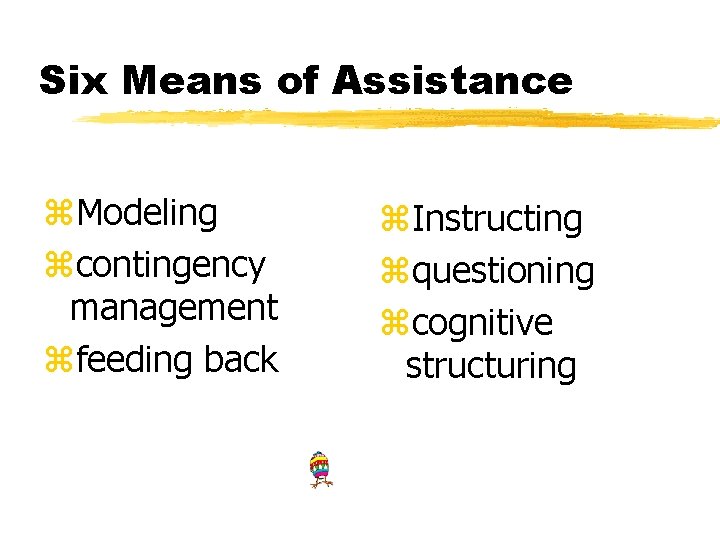 Six Means of Assistance z. Modeling zcontingency management zfeeding back z. Instructing zquestioning zcognitive