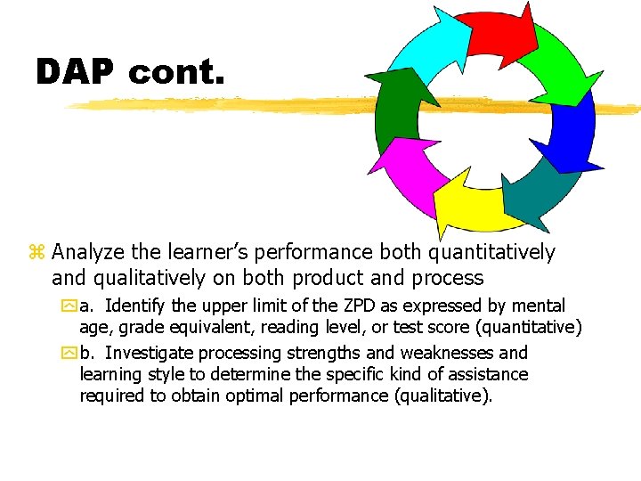 DAP cont. z Analyze the learner’s performance both quantitatively and qualitatively on both product