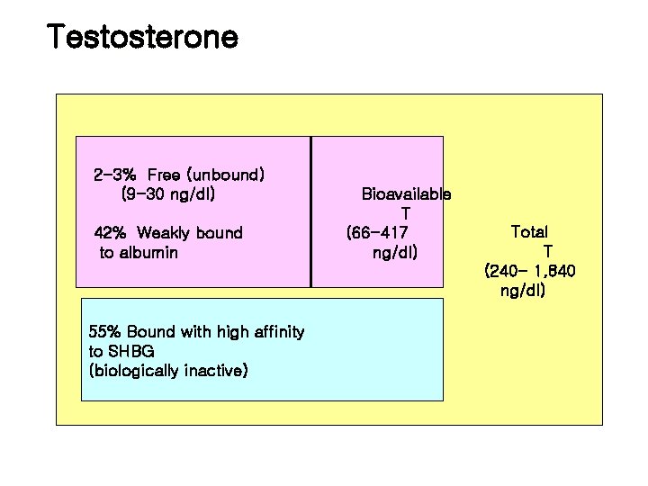 Testosterone 2 -3% Free (unbound) (9 -30 ng/dl) 42% Weakly bound to albumin 55%