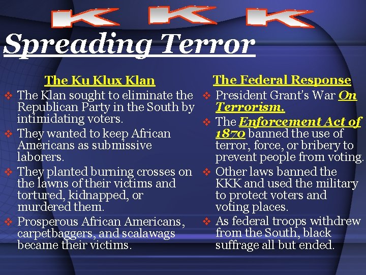 Spreading Terror v v The Ku Klux Klan The Klan sought to eliminate the