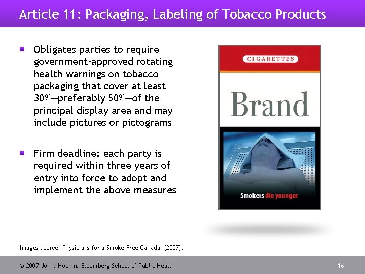 Article 11: Packaging, Labeling of Tobacco Products Obligates parties to require government-approved rotating health