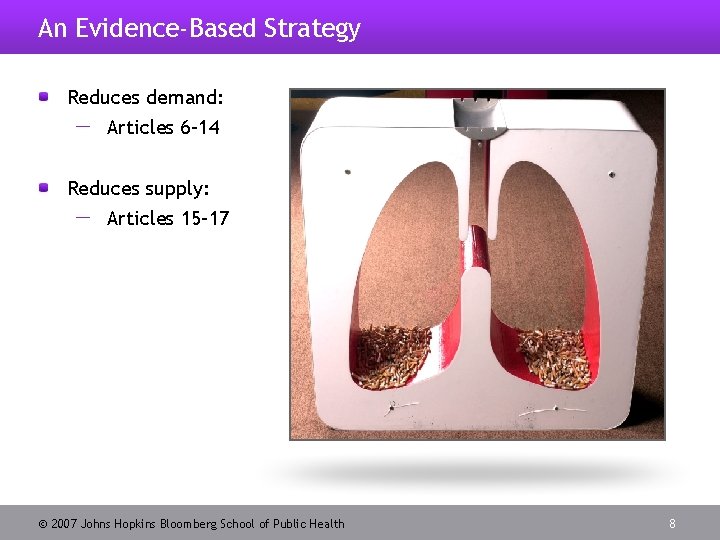 An Evidence-Based Strategy Reduces demand: Articles 6– 14 Reduces supply: Articles 15– 17 2007