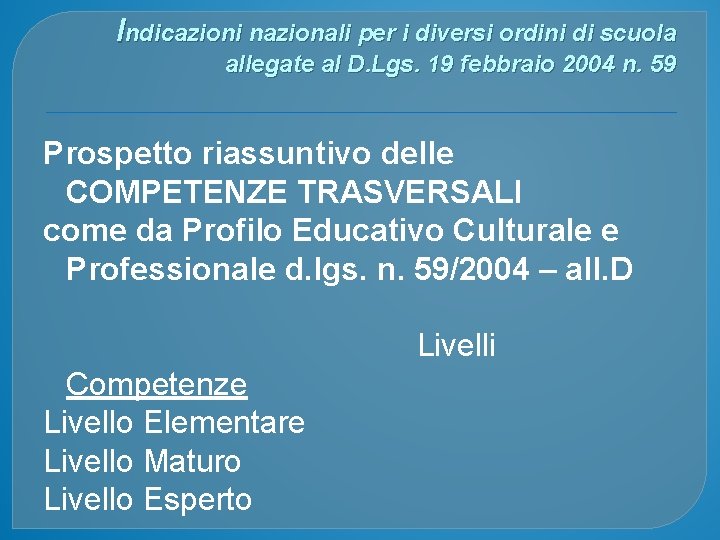 Indicazioni nazionali per i diversi ordini di scuola allegate al D. Lgs. 19 febbraio