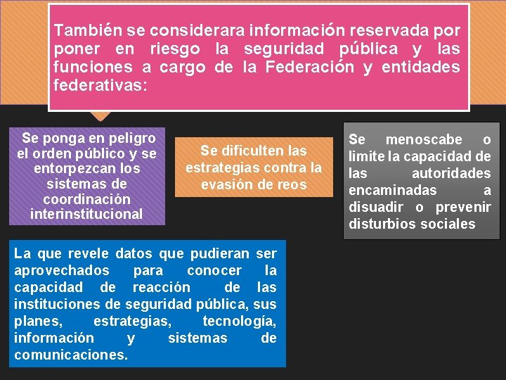 También se considerara información reservada por poner en riesgo la seguridad pública y las