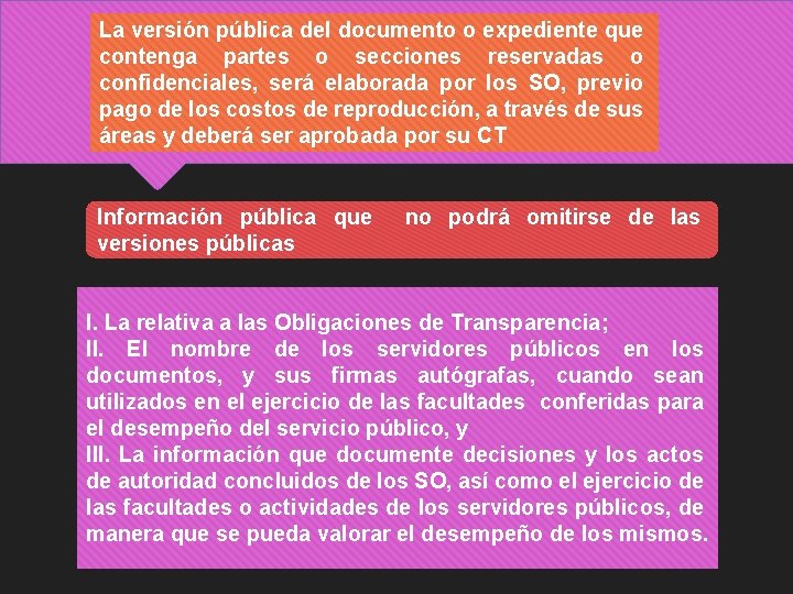 La versión pública del documento o expediente que contenga partes o secciones reservadas o