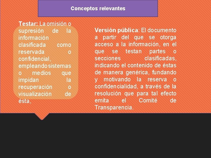 Conceptos relevantes Testar: La omisión o supresión de la información clasificada como reservada o