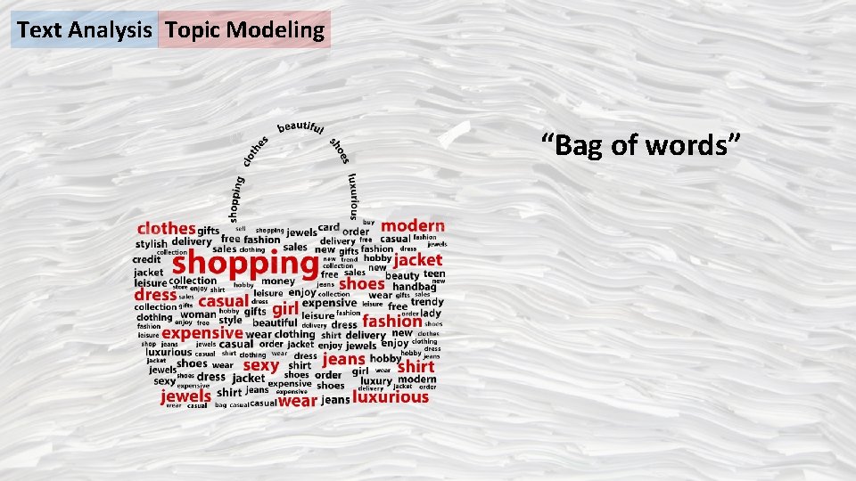 Text Analysis Topic Modeling “Bag of words” 