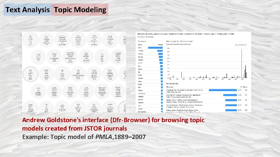 Text Analysis Topic Modeling Andrew Goldstone's interface (Dfr-Browser) for browsing topic models created from