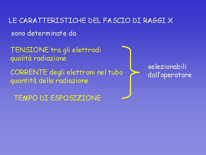 LE CARATTERISTICHE DEL FASCIO DI RAGGI X sono determinate da TENSIONE tra gli elettrodi