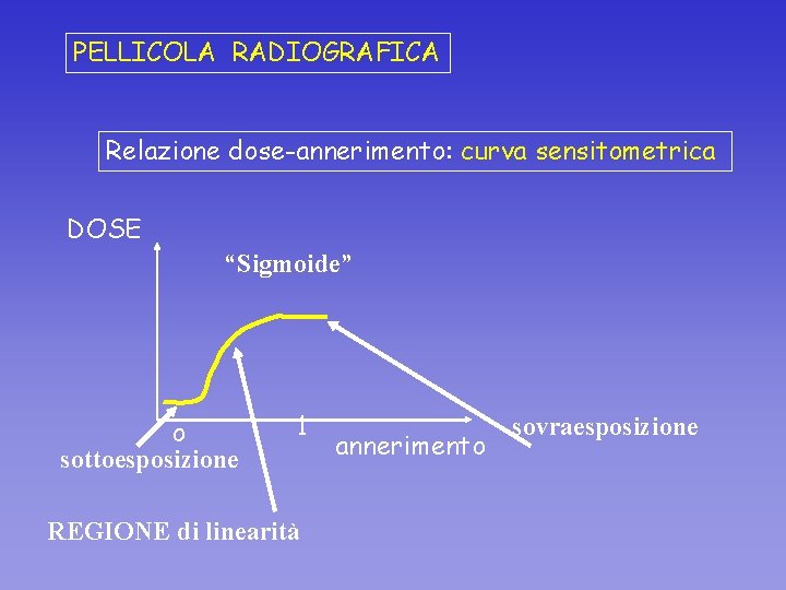 PELLICOLA RADIOGRAFICA Relazione dose-annerimento: curva sensitometrica DOSE “Sigmoide” o sottoesposizione 1 REGIONE di linearità