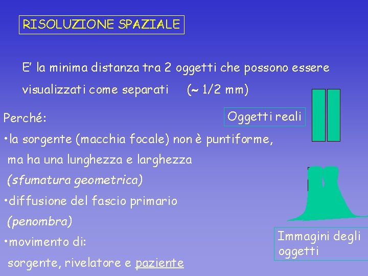 RISOLUZIONE SPAZIALE E’ la minima distanza tra 2 oggetti che possono essere visualizzati come