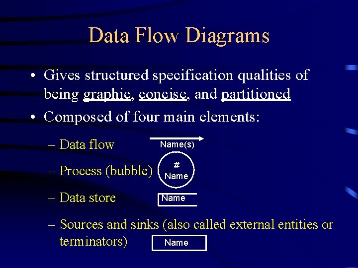 Data Flow Diagrams • Gives structured specification qualities of being graphic, concise, and partitioned