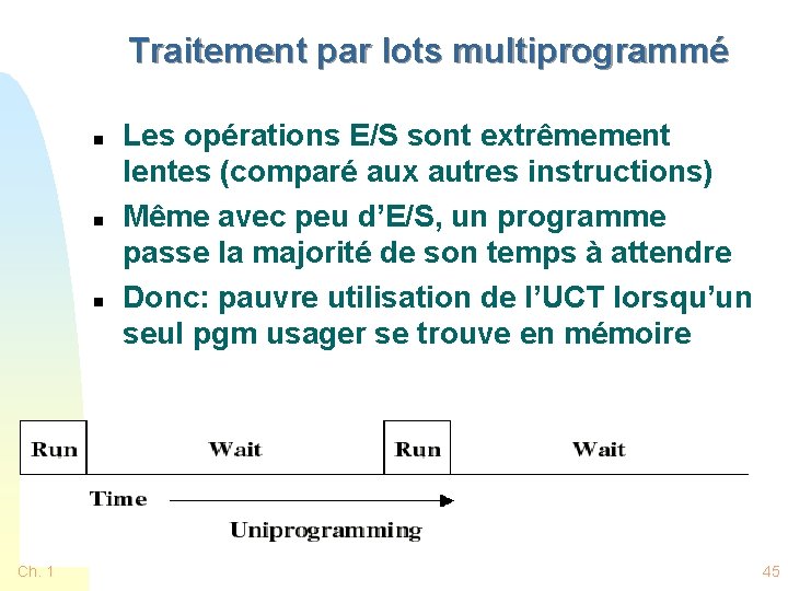 Traitement par lots multiprogrammé n n n Ch. 1 Les opérations E/S sont extrêmement