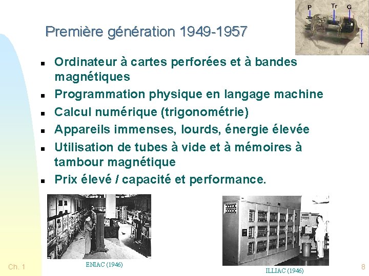 Première génération 1949 -1957 n n n Ch. 1 Ordinateur à cartes perforées et