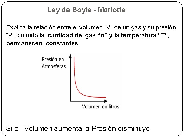 Ley de Boyle - Mariotte Explica la relación entre el volumen “V” de un