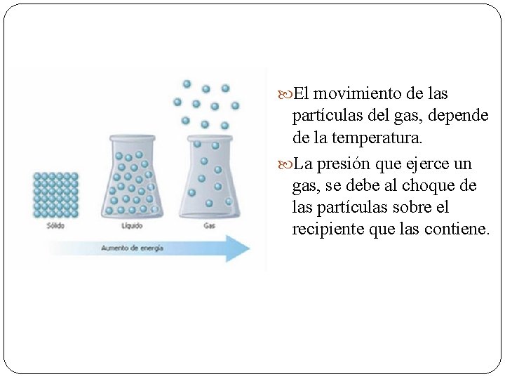  El movimiento de las partículas del gas, depende de la temperatura. La presión