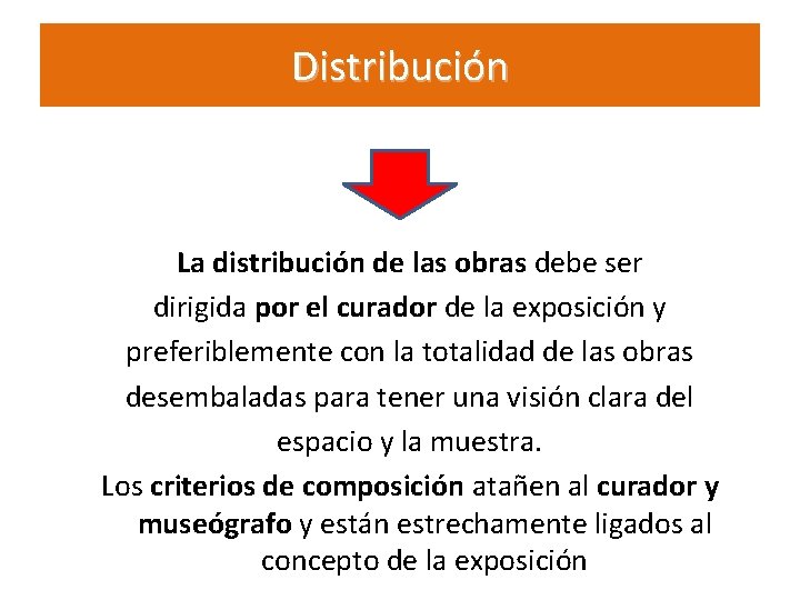 Distribución La distribución de las obras debe ser dirigida por el curador de la