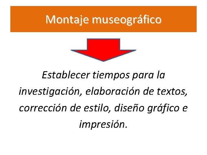 Montaje museográfico Establecer tiempos para la investigación, elaboración de textos, corrección de estilo, diseño