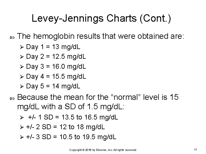 Levey-Jennings Charts (Cont. ) The hemoglobin results that were obtained are: Day 1 =