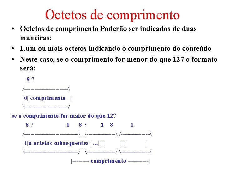 Octetos de comprimento • Octetos de comprimento Poderão ser indicados de duas maneiras: •