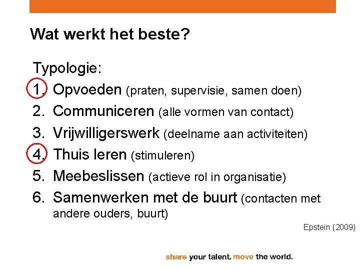 Wat werkt het beste? Typologie: 1. Opvoeden (praten, supervisie, samen doen) 2. Communiceren (alle