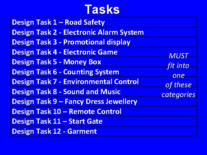 Tasks Design Task 1 – Road Safety Design Task 2 - Electronic Alarm System