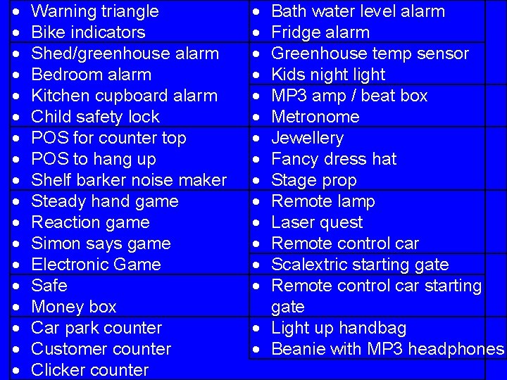  Warning triangle Bike indicators Shed/greenhouse alarm Bedroom alarm Kitchen cupboard alarm Child safety