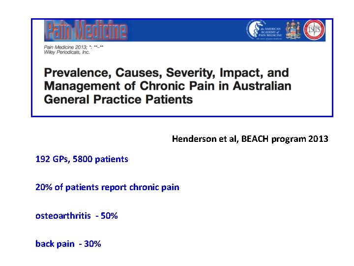 Henderson et al, BEACH program 2013 192 GPs, 5800 patients 20% of patients report