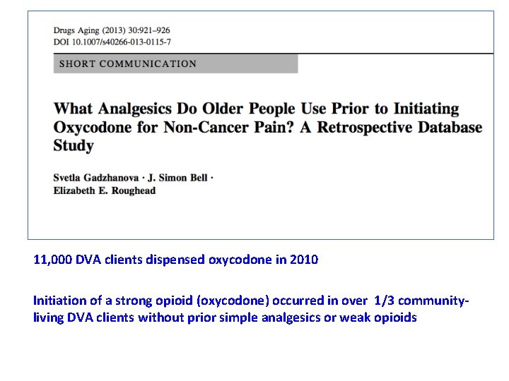 11, 000 DVA clients dispensed oxycodone in 2010 Initiation of a strong opioid (oxycodone)