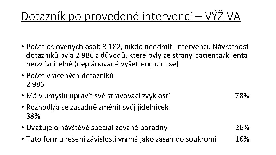 Dotazník po provedené intervenci – VÝŽIVA • Počet oslovených osob 3 182, nikdo neodmítl