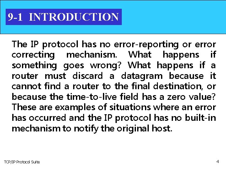 9 -1 INTRODUCTION The IP protocol has no error-reporting or error correcting mechanism. What