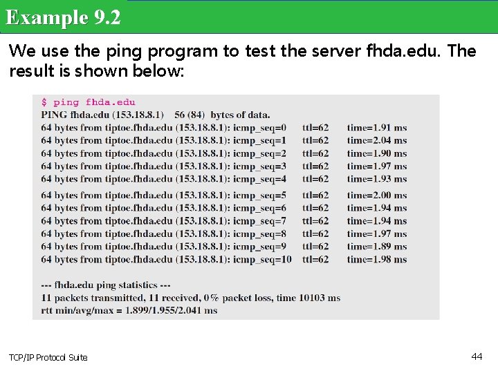 Example 9. 2 We use the ping program to test the server fhda. edu.