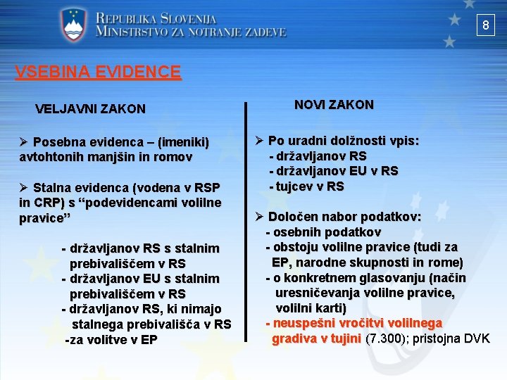 8 VSEBINA EVIDENCE VELJAVNI ZAKON Ø Posebna evidenca – (imeniki) avtohtonih manjšin in romov