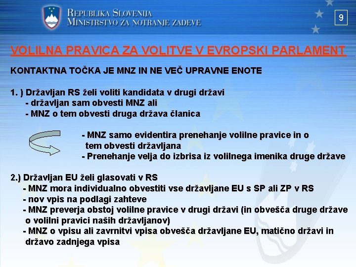 9 VOLILNA PRAVICA ZA VOLITVE V EVROPSKI PARLAMENT KONTAKTNA TOČKA JE MNZ IN NE