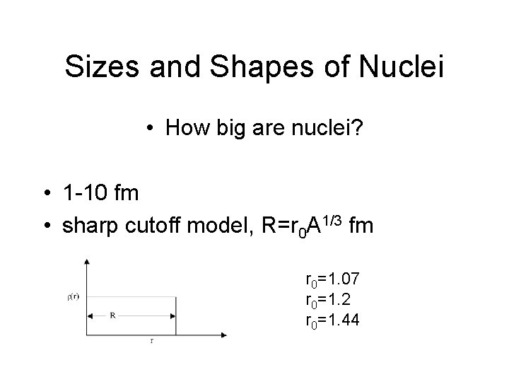 Sizes and Shapes of Nuclei • How big are nuclei? • 1 -10 fm
