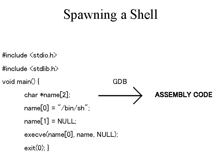 Spawning a Shell #include <stdio. h> #include <stdlib. h> void main() { GDB char