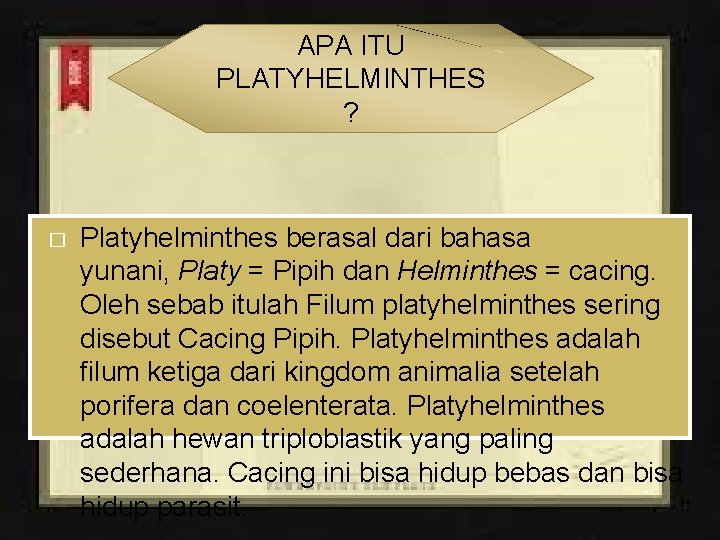APA ITU PLATYHELMINTHES ? � Platyhelminthes berasal dari bahasa yunani, Platy = Pipih dan APA ITU PLATYHELMINTHES ? � Platyhelminthes berasal dari bahasa yunani, Platy = Pipih dan