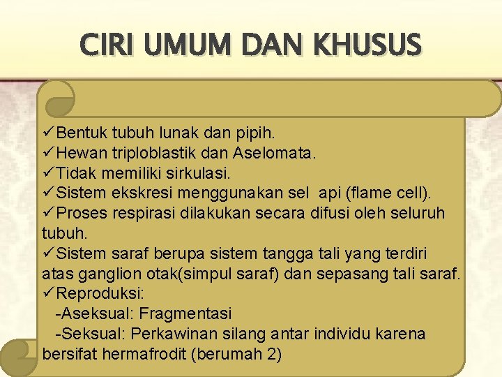 CIRI UMUM DAN KHUSUS üBentuk tubuh lunak dan pipih. üHewan triploblastik dan Aselomata. üTidak CIRI UMUM DAN KHUSUS üBentuk tubuh lunak dan pipih. üHewan triploblastik dan Aselomata. üTidak