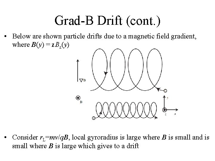 Grad-B Drift (cont. ) • Below are shown particle drifts due to a magnetic