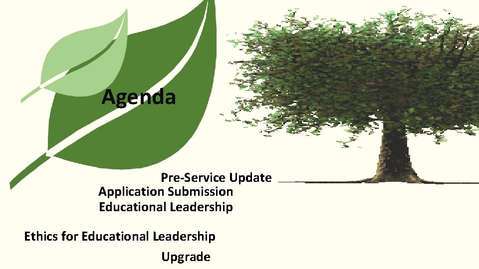 Agenda Pre-Service Update Application Submission Educational Leadership Ethics for Educational Leadership Upgrade 