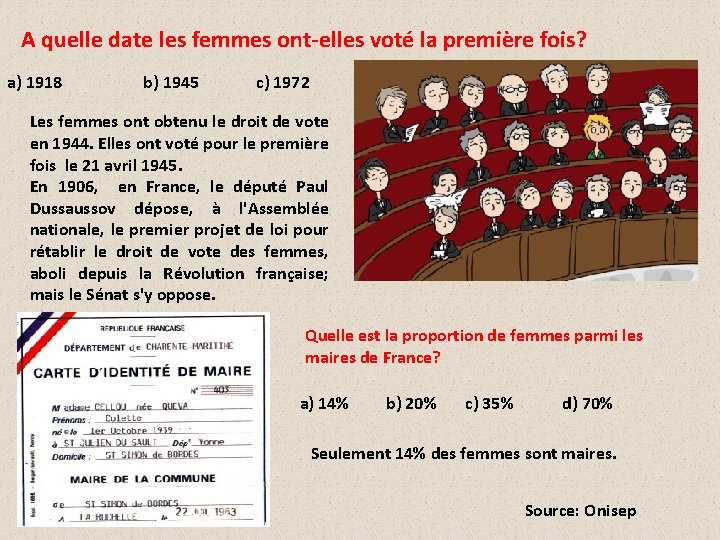 A quelle date les femmes ont-elles voté la première fois? a) 1918 b) 1945