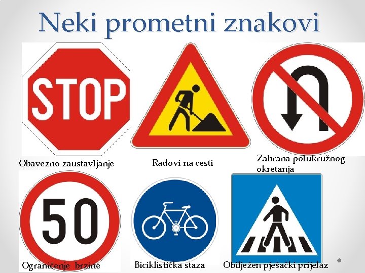 Neki prometni znakovi Obavezno zaustavljanje Ograničenje brzine Radovi na cesti Biciklistička staza Zabrana polukružnog