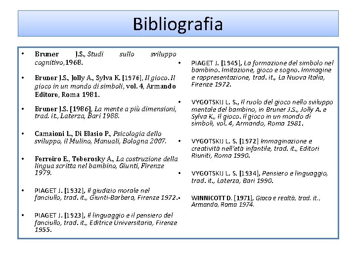 Bibliografia • • Bruner J. S. , Studi cognitivo, 1968. sullo sviluppo Bruner J.